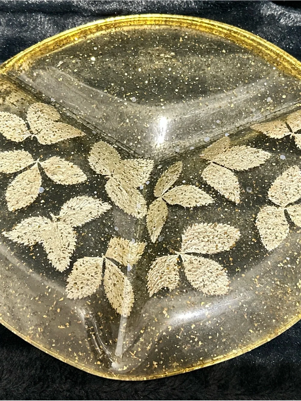 MCM Lucite Divided Serving Tray With Leaf Inlay & Gold Color Glitter Flakes
